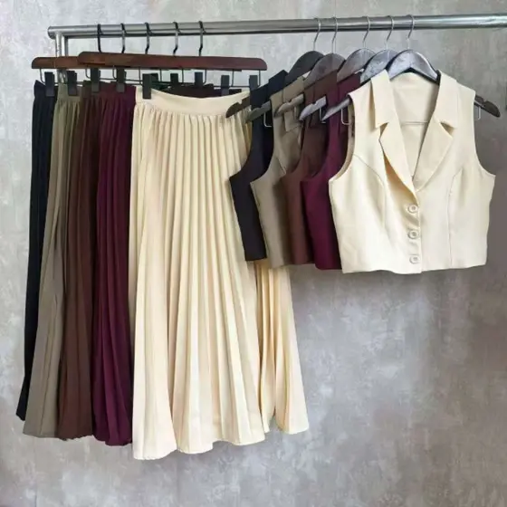 Conjunto Feminino Elegante colete e saia plissada #305 Luis Twill