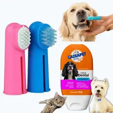 Kit Higiene Bucal Pet 2 Dedeiras + 1 Gel Dental auxilia o combate ao Mau Hálito de Cachorro Escova de dente Cãos e Gatos