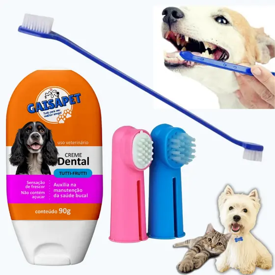 Kit Escova De Dente Pet + Pasta De Dente Para Cachorro Gato Dedeira Creme Dental Pet