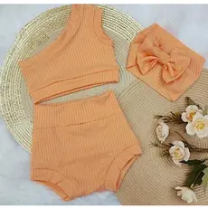 3 Peças - Bloomers Bebê - Tiara - Blusa - Tecido Canelado - Salmão/Pessego - Do RN ao GG