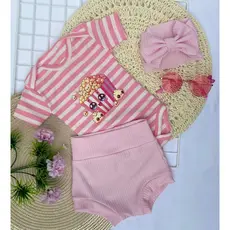 Kit 3 Peças Short Tapa Fraldas + Body + Tiara - Conjunto Infantil Confortável e Estiloso