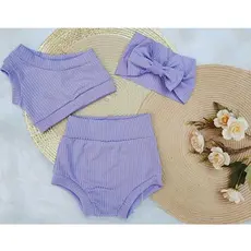 Conj. Tapa-Fralda+Topper+Tiara Cabelo - Lilas!! 3 Peças Bebê - Malha Canelado - Verão