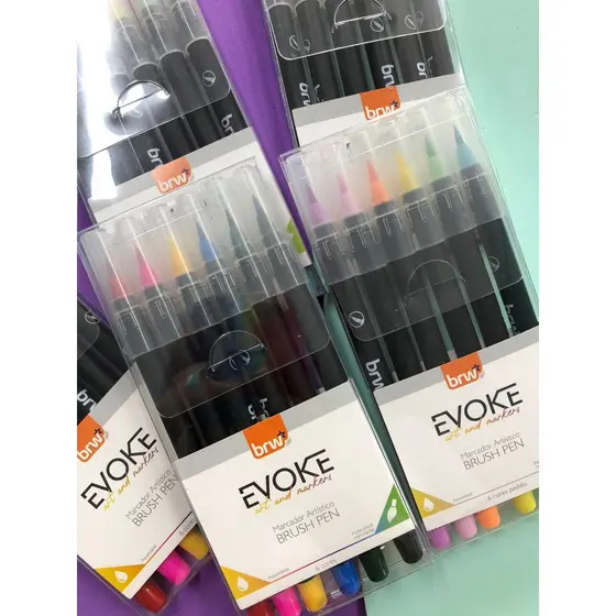 BRUSH PEN BRW EVOKE 6 CORES NEON OU PASTEL BASE DE ÁGUA PONTA PINCEL
