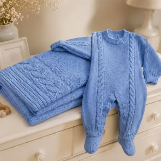 Saída Maternidade Tricot Trança Menino Menina Macacão Manta Bebê Tricô RN