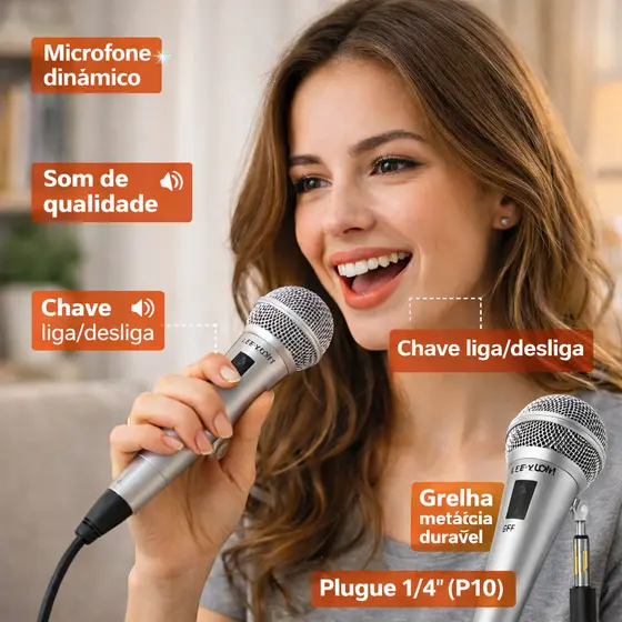 Microfone Com Fio Prata Dinâmico Karaokê Profissional SM-58