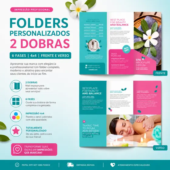 Panfletos, Folders, Flyer | 2 Dobras Personalizados Off-set 180g Chambril A4 4x4 Frente E Verso