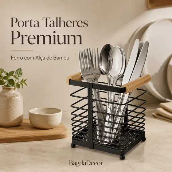 Porta Talheres de Ferro com Alça Bambu - Design Moderno, Resistente, Compacto e Pronto Entrega