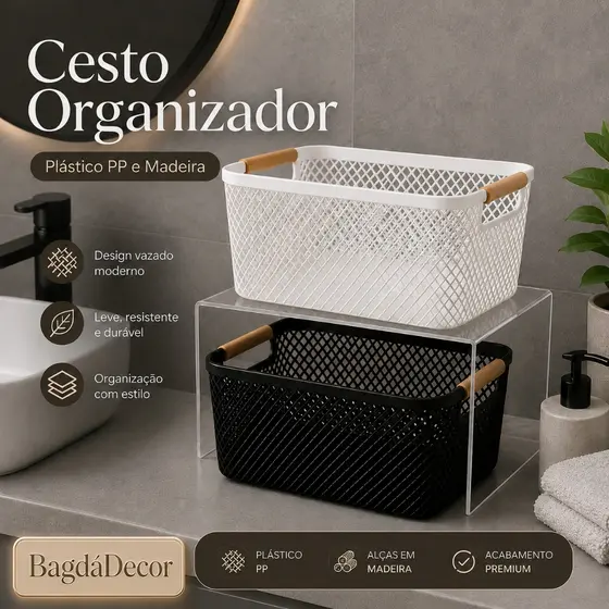 Cesto Organizador de Plástico com Alça de Bambu – Preto ou Branco, Tamanhos M e G Cozinha Banheiro