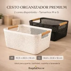 ✅ Cesto Multiuso com Alça de Bambu | Organizador Elegante para Banheiro, Cozinha ou Lavanderia