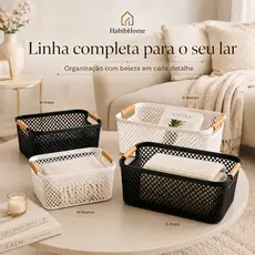 Cesto Organizador Multiuso M e G com Alça Amadeirada para Cozinha Banheiro Closet Despensa – Branco ou Preto