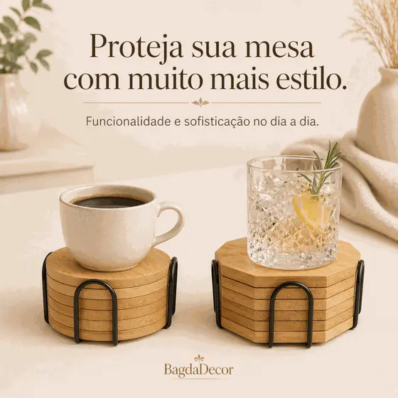 Porta Copo Bambu Redondo com Suporte de Ferro 4 ou 6 Unidades para Mesa, Cozinha, Sala e Bar