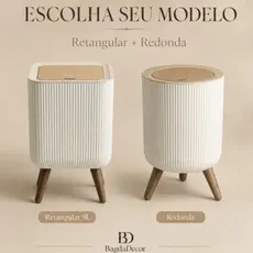 Lixeira De Plástico 9/8 Litros Branca Com Pés De Bambu Com Tampa Click De Pressão Cozinha Banheiro