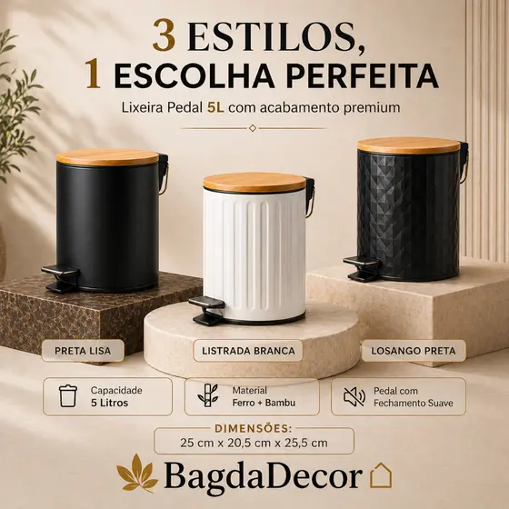 ✅ Lixeira com Pedal 5L Tampa Bambu | Estrutura em Ferro | Design Moderno p/ Banheiro e Cozinha🔝