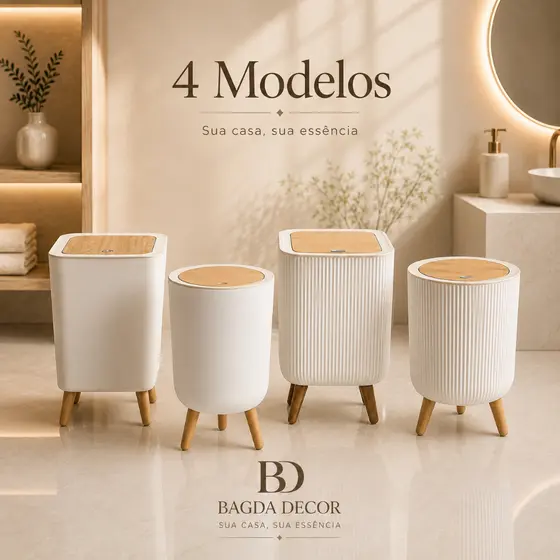 Lixeira 8L/9L com Pés e Tampa Bambu Lisa Canelada Retangular Premium Banheiro Lavabo Quarto