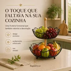 Fruteira 2 Andares Tulipa Preta de Bancada Organizador de Frutas Decorativa Cozinha Moderna