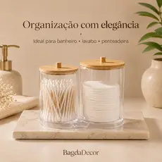 Organizador Duplo Porta Cotonetes Algodão Maquiagem Acrílico E Bambu