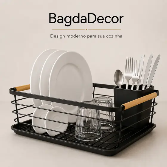 ⭐ Escorredor de Louça Premium Preto com Bandeja Removível 🥂 Porta Talheres Aço Inox + Bambu