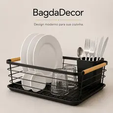 ⭐ Escorredor de Louça Premium Preto com Bandeja Removível 🥂 Porta Talheres Aço Inox + Bambu