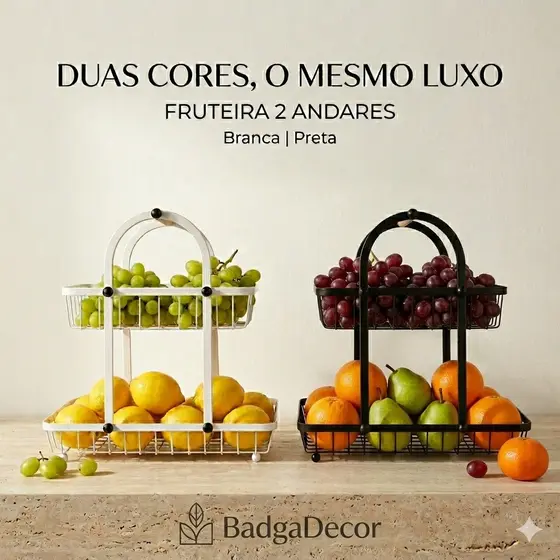 Mini Fruteira 2 Andares em Metal com Alça de Bambu Cesto Organizador de Frutas para Cozinha Moderna