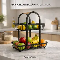 Fruteira 2 Andares Ferro e Madeira Organizador Premium para Bancada de Cozinha Moderna Luxo