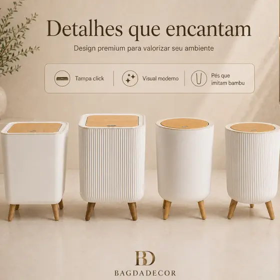 Lixeira Decorativa 8L/9L Cesto de Lixo com Tampa Bambu e Pés Efeito Bambu Banheiro Lavabo Casa Luxo