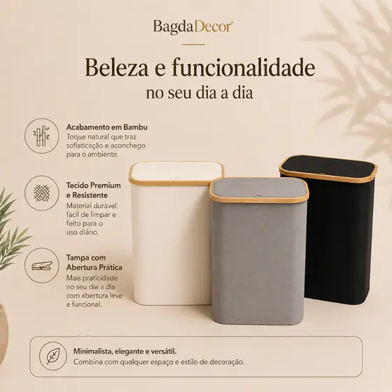 Cesto de Roupa Suja com Tampa Bambu Branco Redondo e Retangular Diversos Modelos e Tamanhos Premium