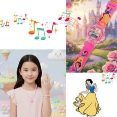Kit Relógio Digital Pisca Luz Led Colorido Toca Musica Disney +Conjunto Colar e Pulseira Anel Infantil Miçangas Pérolas