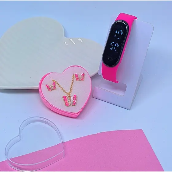 Kit Relógio Infantil Digital Led Silicone Ajustável Prova água + Conjunto Colar e Brincos Meninas Caixa Coração Moda
