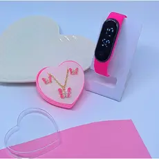 Kit Relógio Infantil Digital Led Silicone Ajustável Prova água + Conjunto Colar e Brincos Meninas Caixa Coração Moda