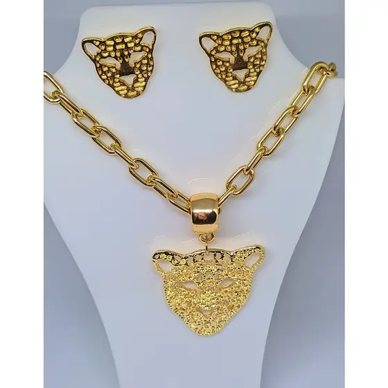 Kit Conjunto Colar Corrente + Brincos Com Pingente Onça Folheado Ouro 18k Elos Tigre Tendência Presente