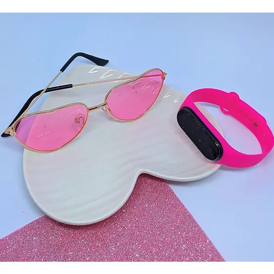 Kit Relógio Infantil Digital Led Prova água Silicone Ajustável + Óculos de Sol Formato Coração Aço Flexível menina Moda