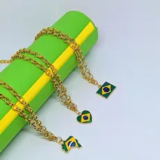 Colar Corrente grossa elos Português com Pingente Bandeira do Brasil Verde e amarelo Folheado a Ouro Tendência 2026