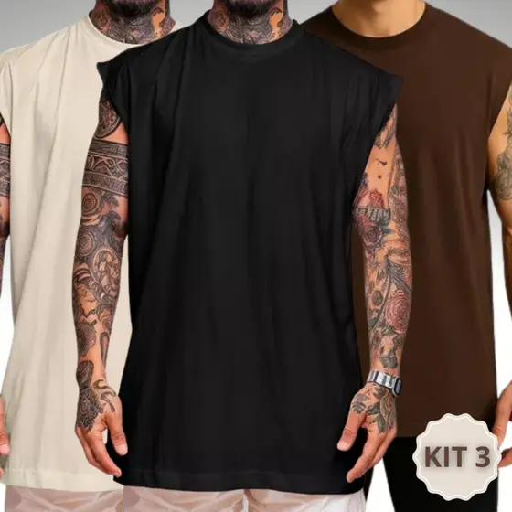 Kit 3 Regatas Masculinas Oversized Lisa Casual Treino Academia Fitness 100% Algodão Leve