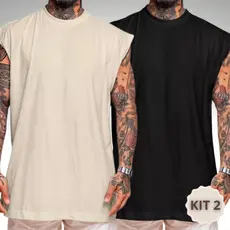Kit 2 Regata Masculina Oversized Larga Lisa Leve Academia Treino Fitness 100% Algodão