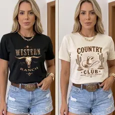 Kit 2 Blusa Feminina Country Camiseta Rodeio Festa de Peão Barretos T-Shirt 100% Algodão Agro Ranch Texas