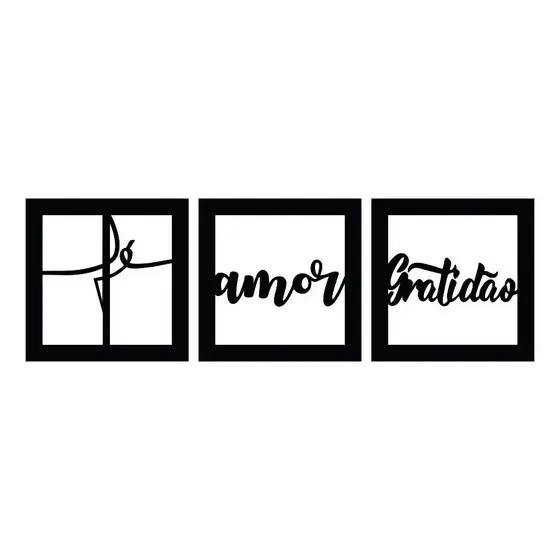 Kit 3 Quadros Vazados Decorativo Fé Amor Gratidão Mdf 3mm