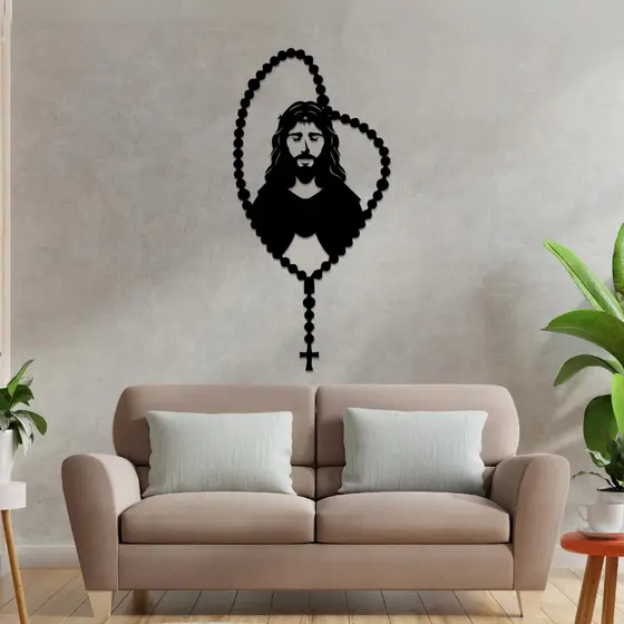 Quadro Terço Jesus Cristo MDF Decoração Pintado