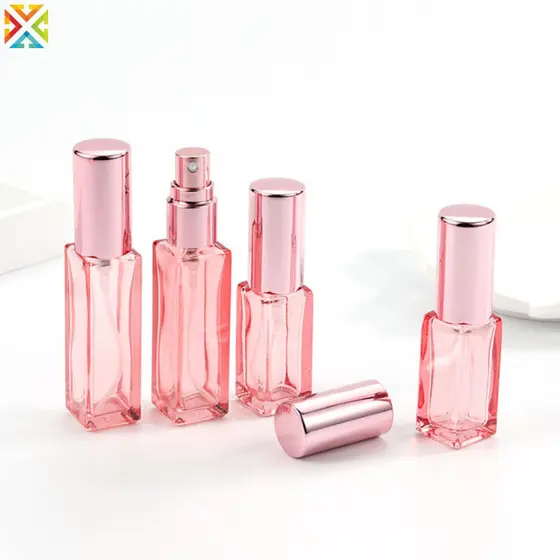 5/10ml Frasco De Perfume Quadrado Transparente Vidro Rosa Engrossado Portátil Ouro Bico