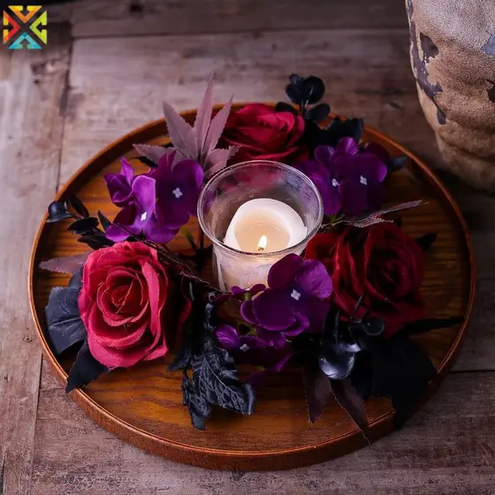Gótico Escuro Vermelho Rosa Floral Vela Grinalda Halloween Flor Artificial Anel Peça Central Decoração