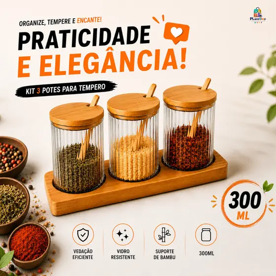Kit 3 Potes de Vidro 300ml com Tampa Colher e Suporte Bambu Porta Temperos