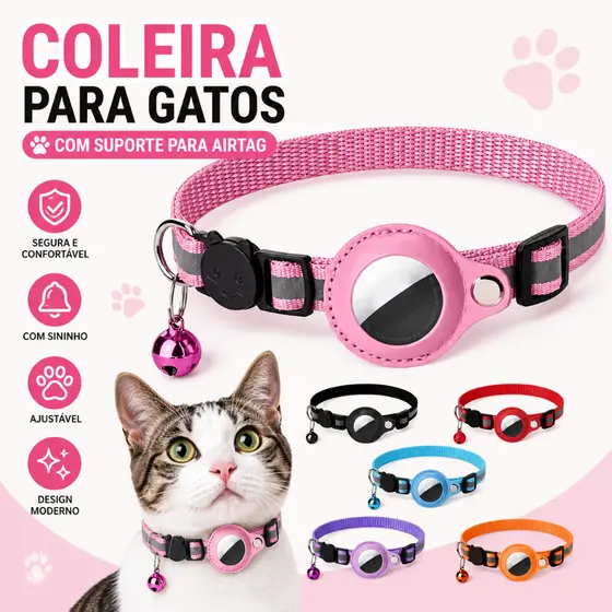 Coleira Refletiva com Case Capa Fixa Para Rastreador Airtag Gato Cachorro