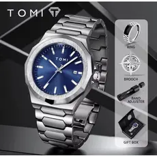 Relógio Masculino Luxo Tomi Aço Inoxidável Prova D'água + Kit Presente (Anel e Broche)