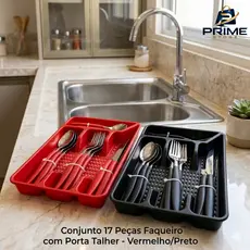 Jogo de talheres inox 17 Peças Garfo Faca Colher Porta Talher - Organização Cozinha - Preto/Vermelho