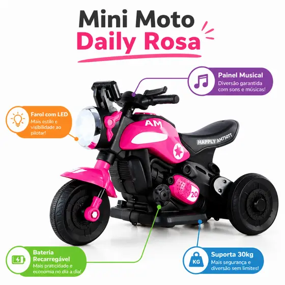 Mini Moto Elétrica Infantil Daily Rosa: Diversão Esportiva com Som e Luz Suporta até 30kg Bateria 6V