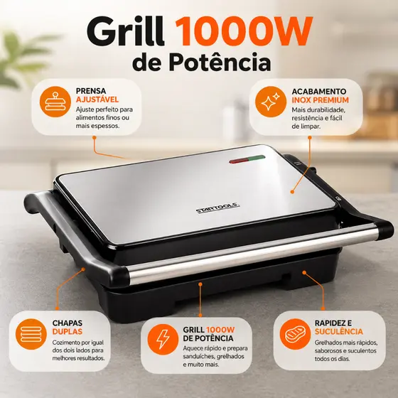 Sanduicheira Elétrica Grill 1000W Inox Grelhados Profissionais Ajuste de Pressão Rapidez e Sabor!