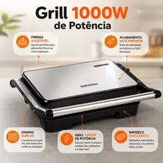 Sanduicheira Elétrica Grill 1000W Inox Grelhados Profissionais Ajuste de Pressão Rapidez e Sabor!