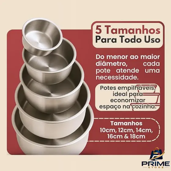 Conjunto 5 Potes Herméticos Redondos com Tampa - Inox Mantimentos Vasilhas Alimentos Vedação
