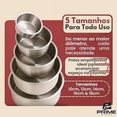 Conjunto 5 Potes Herméticos Redondos com Tampa - Inox Mantimentos Vasilhas Alimentos Vedação