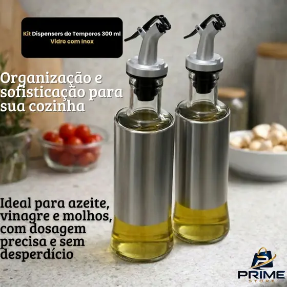 Kit Dispenser de Temperos 300ml Vidro com Inox - Azeite Vinagre Shoyu Organizador Galheteiro Dosador