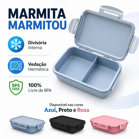 Marmita Hermética com Divisória – Vedação Total - Lancheira Pote Almoço Fitness Microondas